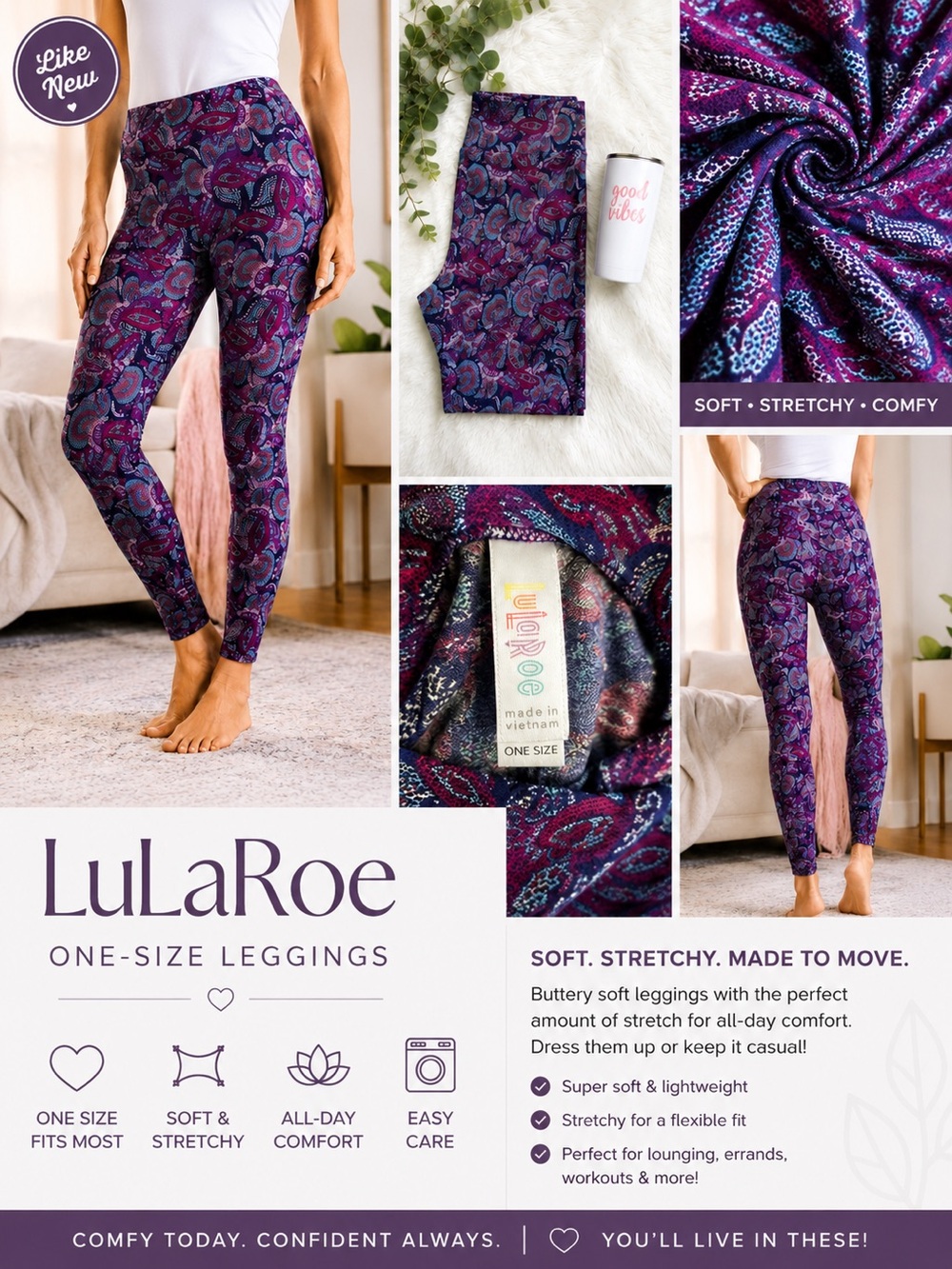 LuLaRoe | Cool-Tones Buttery-Soft Stretchy Leggings | One-Size | Like-New